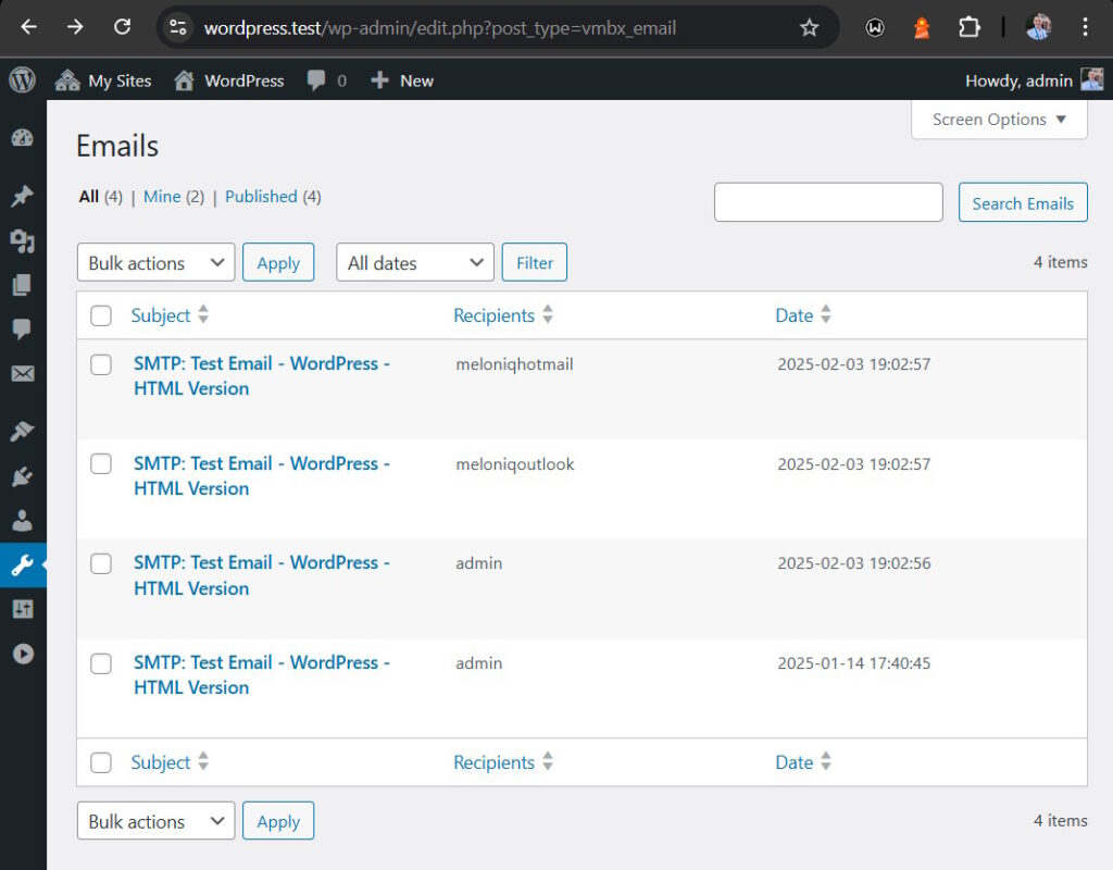 List of emails in the WP-Admin area