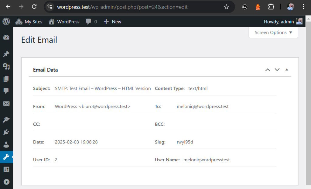 Email data in the WP-Admin area